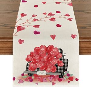 Artoid Mode Balloon Buffalo Plaid Truck Valentine’s Day Table Runner, Seasonal Kitchen Dining Table Decoration for Indoor Home Party 13×72 Inch