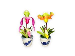 Venus Slipper Orchid Flowers 3D Artificial Plants Fridge Decorate Strong Magnets, Home & Office Fridge, 1 Set Pink & Yellow Color