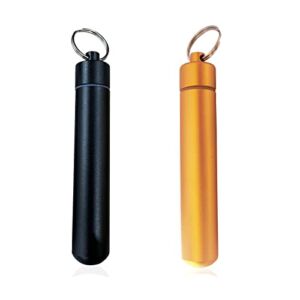 ACoiay Portable Toothpick Holder Pocket, Metal Waterproof Mobile Tooth Pick Holder With Keychain 2 Pieces, Home Round Toothpicks, PillsTool Case, for Outdoor Camping Travel Picnic(Black and Yellow)