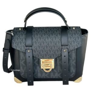 Michael Kors Manhattan Medium Black Signature Leather Purse Satchel Handbag