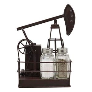 Set Of 1 Vintage Metal Oil Derrick Rig Pump Glass Salt And Pepper Shakers Carrier Holder