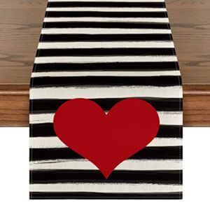 Artoid Mode Watercolor Stripes Love Heart Valentine’s Day Table Runner, Seasonal Anniversary Wedding Holiday Kitchen Dining Table Runners for Home Party Decor 13 x 60 Inch