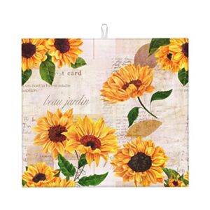 Retro Postcard and Sunflowers Dish Drying Mat for Countertops 18×16 Inches, Dish Drainer Protector Pad with Hanging Loop for Home Kitchen