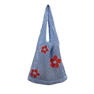 Women Crochet Flower Tote Bag Fairycore Hobo Bag Grunge Aesthetic Knitted Shoulder Bags Trendy Accessories (Light blue)
