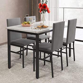 tantohom Dining Table Set for 4, Compact Kitchen Table and Chairs for 4, 5 Pieces Faux Marble Dining Room Table Set with 4 Gray Velvet Upholstery Chairs for Small Space, Living Room, Breakfast Nook | The Storepaperoomates Retail Market - Fast Affordable Shopping