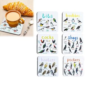 Set of 6 Bird Pun Coasters,Bird Pun Coasters,Funny Coasters for Drinks,Square Coaster Set for Cups Home Kitchen Coasters. (1*Set)