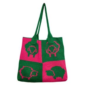 Aesthetic Kawaii Shoulder Bag for Women Tourist Handbag Hobo Bag Crochet Purse Large Capacity Alt Tote Bag (Pink Green)