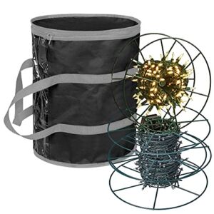 ProPik Christmas Light Storage Bag | Holiday Light Storage Organizer with 3 Metal Reels for Tree Lights & Extension Cords Constructed of Durable 600D Oxford Material with Clear PVC Window (Black)