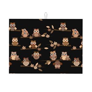 Kitchen Drying Mat,Cute Brown Cartoon Owls Printed Fast Dry Dish Drying Mat For Kitchen(18×24 Inch)