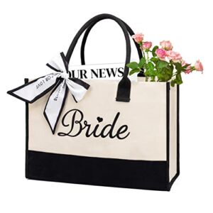 KABAQOO Canvas Tote Bag for Bride, Personalized Bride Gifts for Wedding Bridal Shower Bachelorette Party Engagement Honeymoon