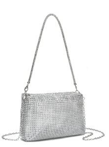 YIKOEE Crystal Rhinestone Clutch Purses for Women Evening Bag with Chain (Silver)