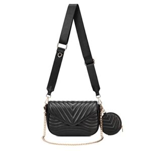 Small Quilted Crossbody Bags for Women Black Shoulder Purses Trendy Designer Handbags Multipurpose Pochette Satchel Bag witn Mini Coin Purse-2 Set