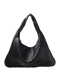 Woven Tote Handbags For Women Large Capacity Vegan Leather Shoulder Top-Handle Travel Shopper Bag Ladies Fashion Underarm Bag Black