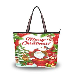 Womens Christmas Santa Claus Tote Bag Zippered Shoulder Handbag Xmas Tote Purse with Pockets