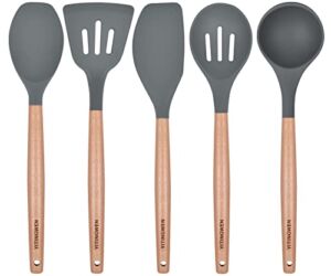 Silicone Cooking Utensils Set，YITINGWEN 5 Pcs Kitchen Utensils Cooking Utensils Set,Nonstick Heat Resistant Cooking Spoons with Natural Wooden Handle, BPA Free. (Gray)