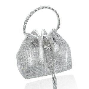 Women’s Silver Rhinestone Purse Luxury Diamond Shining Clutch Chain Crossbody Bucket Bling Bling Evening Bag for Party Prom Club Wedding
