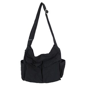 KlaOyer Canvas Messenger Bag Large Hobo Bag School Crossbody Shoulder Bag Tote Bag with Pocket for Women and Men (Black)