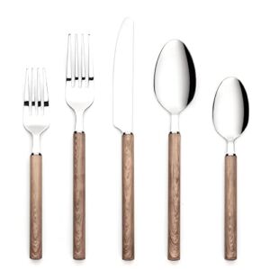 20 Piece Walnut Faux Wooden Handle Flatware Set For 4,Ornative Ivy Silverware Include Knifes, Forks, Spoons, Stainless Steel Cutlery Silverware Set, Dishwasher Safe Utensil for Home Kitchen Restaurant