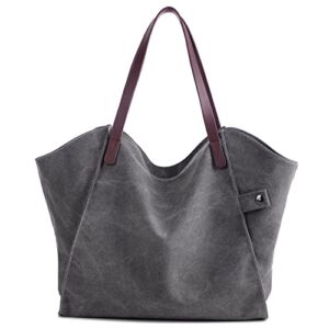 Eamom large capacity tote bags for school canvas tote bag for women leather strap shoulder bag handbag boho tote bag (Gray)