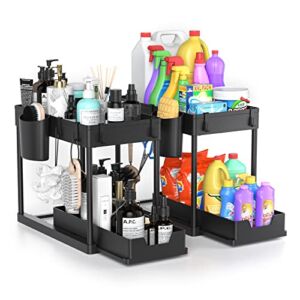 2 Pack Under Sink Organizers and Storage – Multi-Purpose 2 Tier Under Sink Organizer, with Pull Out Sliding Drawer,Hooks,Hanging Cup, for Kitchen,Bathroom Cabinet Organizer,etc – Black