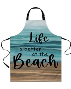 Life is Better at The Beach Kitchen Aprons with Pockets, Teal Brown Summer Beach Coastal Adjustable Bib Chef Aprons