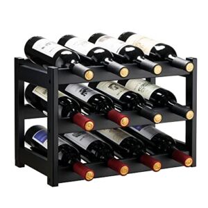 VASMIA Bamboo Wine Rack, Sturdy and Durable Wine Storage Cabinet Shelf, Wine Racks Countertop for Pantry,Kitchen,3-Tier 12 Bottles Wine Rack Black