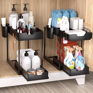 Under Sink Organizers and Storage, Nreirly Double Sliding Cabinet Basket Organizer Drawer, 2-Tier Slide Out Storage Shelf for Bathroom Kitchen Organizer with Hooks, Hanging Cup, Dividers, 2 Pack