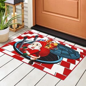 Christmas Door Mat Xmas Ladder Santa City Sewer Red and White Plaid Rug Retro Christmas Non-Slip Welcome Entrance Doormat for Kitchen Home Bathroom Carpet Decorations Supplies
