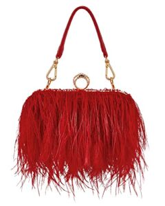Women Ostrich Feather Tote Bag Fluffy Purse Clutch Feather Evening Handbag for Wedding Anniversary Party (Red)