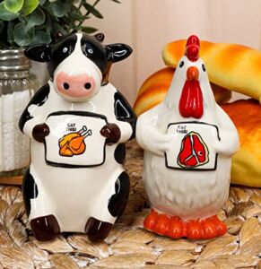 Ebros Gift Holstein Cow and Chicken Hen Holding Eat Chicken Eat Beef Sign Salt And Pepper Shakers Set Ceramic Home Kitchen Dining Accessory For Party Hosting Poultry VS Cattle Collectibles