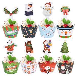 BEISHIDA Christmas Cupcake Topper Wrappers 96 Pcs Muffin Cupcake Paper Wrappers Christmas Theme Cartoon Cupcake Wrappers Cupcake Decoration Topper for Home Baking Kitchen Xmas Party Supplies