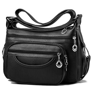 TianHengYi Women Crossbody Bag Leather Handbag Pocketbook Lightweight Shoulder Purse (Black)