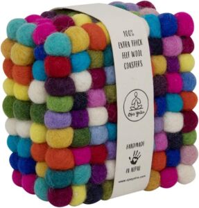 Colorful Felt Coasters Square – Premium Felted Ball Wool Coasters Set of 4 – with Lokta Gift Box – Handmade Large Absorbent Coasters for Drinks – Naturally Dense, Heat Resistant, Thick & Durable