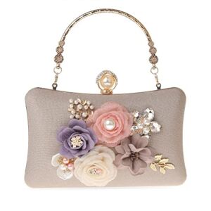 RKROUCO Women’s Flower Evening Clutch Bag – Multicolor Flower Handbag with Satin-Champagne.