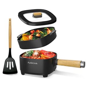 Audecook Electric Hot Pot with Steamer 2L, Non-Stick Frying Pan 8 Inch, Portable Travel Cooker for Ramen, Steak, Egg, Fried Rice, Oatmeal, Soup, Terminal Dual Power Controllable (Black/with Steamer)