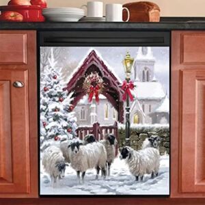 YOURKEY Christmas Sheep Art Painting Dishwasher Magnet Cover,Winter Farmhouse Sticker XMAS Snow Refrigerator Door Panel Decal,Funny Animal Home Country Kitchen Decorative 23”Wx26”H