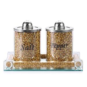 JUXYES Set of 3 Sparkle Glass Crystal Crushed Diamond Salt and Pepper Shakers With Tray, Luxurious Diamond Style Salt Pepper Jar Canister Storage Pots for Kitchen Counter Dining Room Home Décor