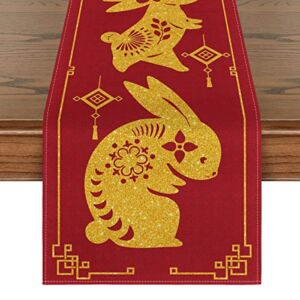 Artoid Mode Chinese Zodiac Rabbit 2023 Happy New Year Table Runner, Spring Festival Winter Kitchen Dining Table Decoration for Home Party Indoor 13×72 Inch