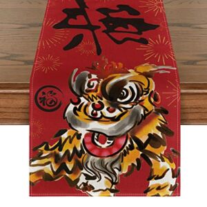 Artoid Mode Lion Dance 2023 Happy New Year Table Runner, Seasonal Winter Christmas Kitchen Dining Table Decoration for Home Party Indoor 13×72 Inch