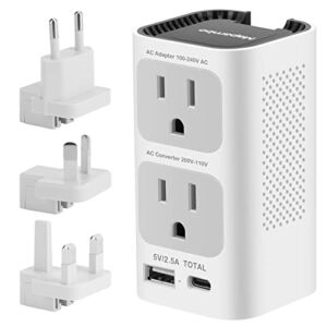 220V to 110V Voltage Converter,Universal Travel Adapter,with 1 USB+1 Type-c Ports International Plug Adapter,Applicable EU/UK/AU/US