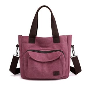 Women’s Canvas Shoulder Crossbody Bag Small Tote Purse Multi-pocket Work Bags Top Handle Handbag (Burgundy)