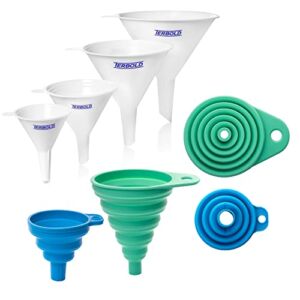 Terbold Funnel Combo Set | Plastic Nesting Funnels 4pc + Silicone Collapsible Funnels 4pc for Kitchen Cooking, Filling Bottles, Home, Automotive Use