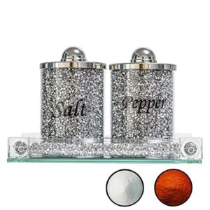 HMRCYTE Silver Glass Salt and Pepper Shakers Set with Mirror Tray, Set of 3 Crystal Kitchen Seasoning Jar Set, Luxury Diamond Salt Pepper Jar Canister Storage Pots for Home Kitchen Dining Table Decor