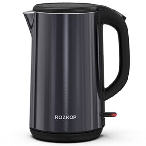 ROZKOP Electric Tea Kettle Double Wall 304 Stainless Steel 1.7L Hot Water Boiler, 1500W Water Kettle with Auto Shut-Off & Boil Dry Protection, BPA-Free, Cordless Base & LED Indicator