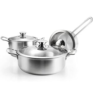 Stainless Steel Cookware Set, 6-Piece pots and pans set with Glass Lids, Stay-Cool Handle, Oven Safe, Works with Induction, Electric and Gas Cooktops