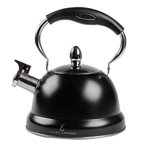 Emeril Lagasse 2.6 Quart/2.5 Liter Whistling Tea Kettle, Stainless Steel Tea Pot for Induction Stove Top, Fast to Boil Water for Home Kitchen Condo, with Ergonomic Cool Folding Grip Handle, Black