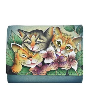 Anna by Anuschka Women’s Hand-Painted Genuine Leather Ladies Three Fold Wallet – Three Kittens Blue