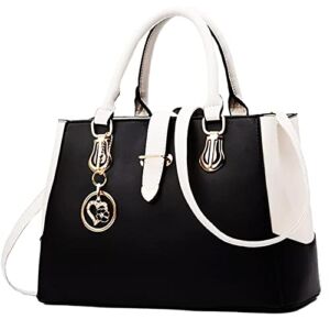 Purses and Handbags for Women, Top Handle Satchel Purse, PU Leather Crossbody Shoulder Bag, Tote Bag for Ladies (Black/White)
