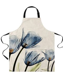 Retro Blue Tulip Aprons for Women/Men with Pockets, Floral Flowers Vintage Waterproof Bib Kitchen Apron for Cooking