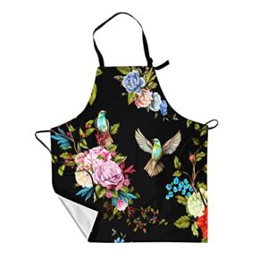 Watercolor Flowers Birds Cute Aprons for Women Men, Roses with Leaves on Black Background Waterproof Apron with Adjustable Neck Straps Suitable for Home Kitchen Cooking Chef